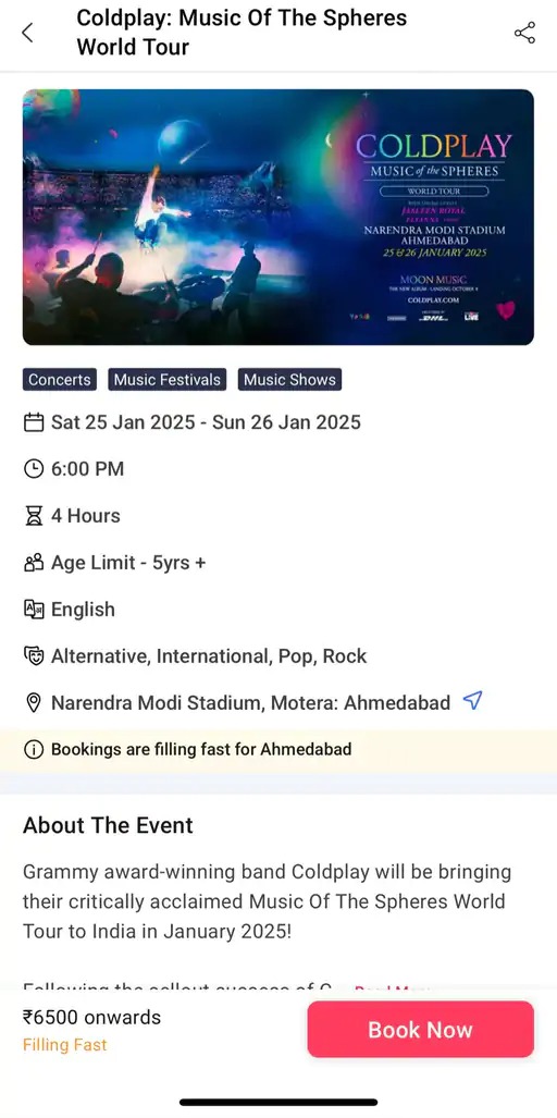 bookmyshow પર કોલ્ડપ્લે કોન્સર્ટની ટિકિટનું ફરી વેચાણ શરૂ bookmyshow પર કોલ્ડપ્લે કોન્સર્ટની ટિકિટનું ફરી વેચાણ શરૂ